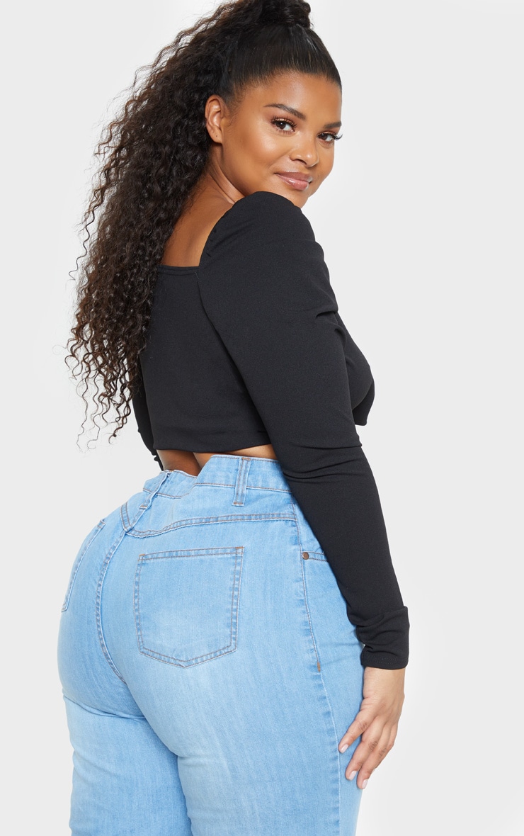 Plus Black Puff Long Sleeve Crop Top image 2