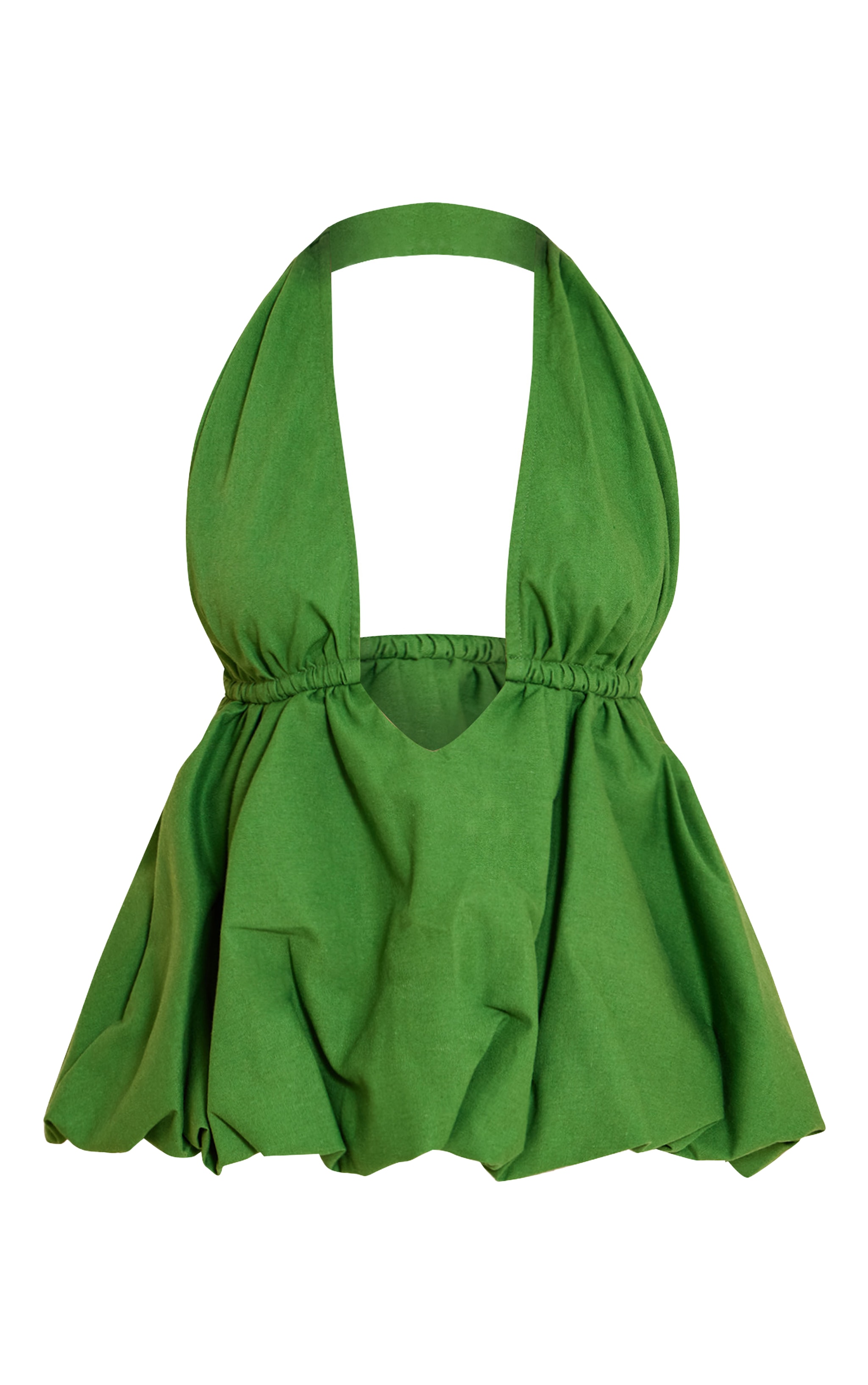 Green Woven Plunge Halter Neck Puffball Top image 5