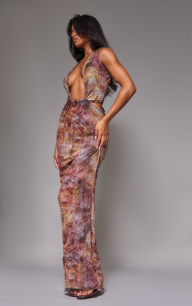 Dark Purple Crinkle Mesh Printed Cut Out Maxi Dress image 3