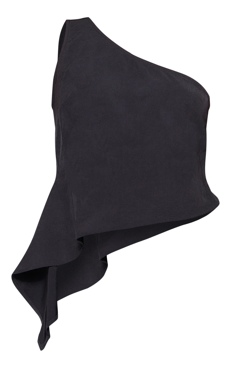 Black Woven Asymmetric Frill Detail One Shoulder Top image 5