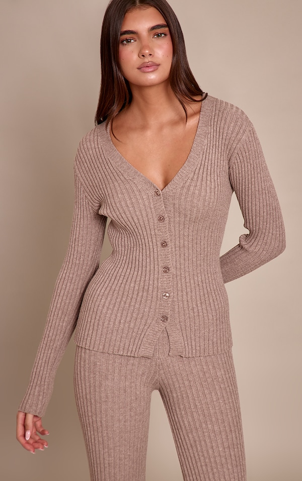 Taupe Ribbed Knitted Long Sleeve Button Down Cardigan