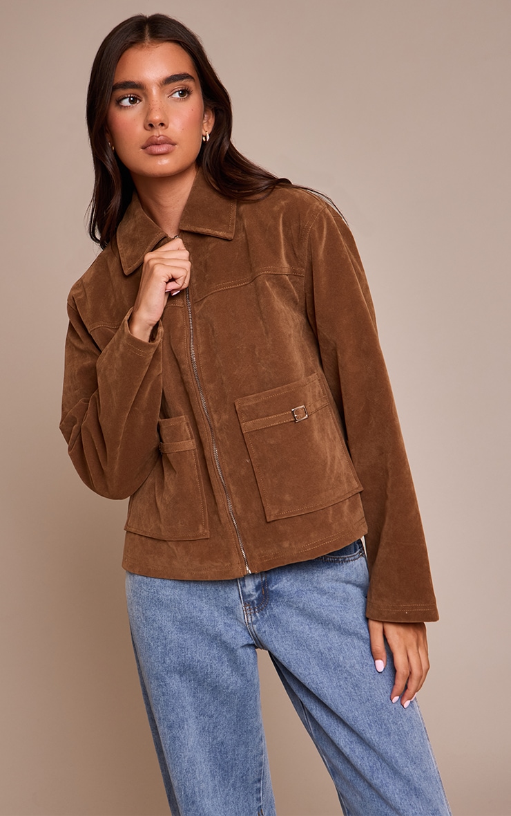 Tan Pocket Trim Faux Suede Jacket