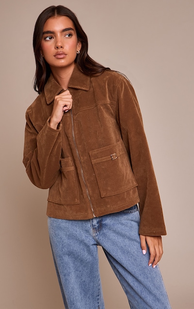 Tan Pocket Trim Faux Suede Jacket