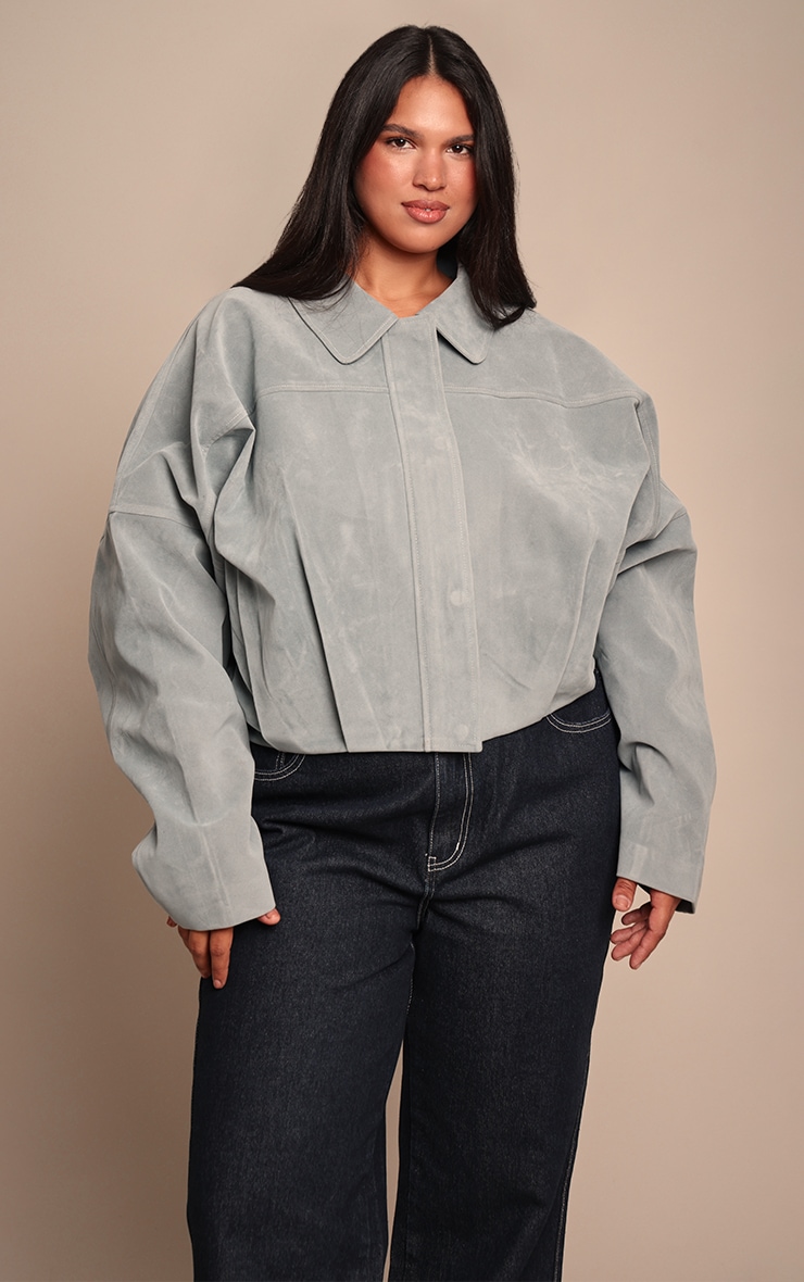 Plus Dusty Blue Faux Suede Covered Placket Bomber Jacket