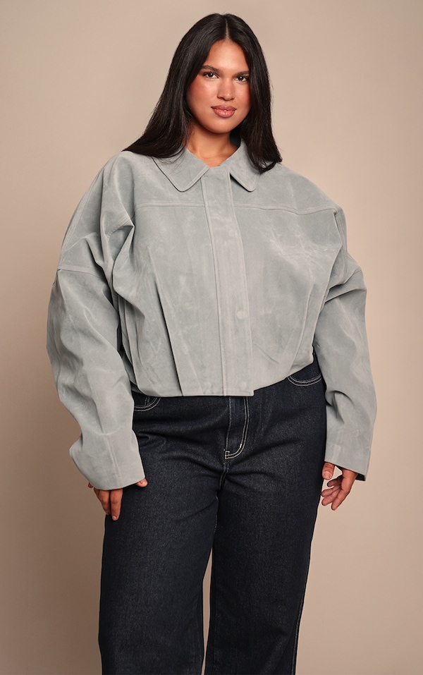 Plus Dusty Blue Faux Suede Covered Placket Bomber Jacket