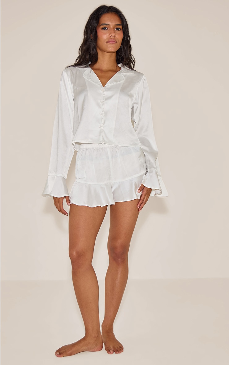 White Flute Sleeve Satin Short Pj Set image 3