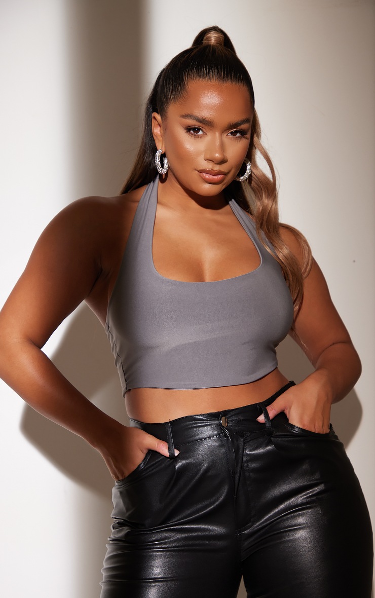 Shape Charcoal Slinky Halterneck Crop Top