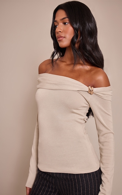 Tall Oatmeal Long Sleeve Twist Shoulder Detail Knitted Top