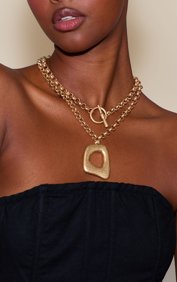Worn Gold Abstract Pendant Chunky Necklace