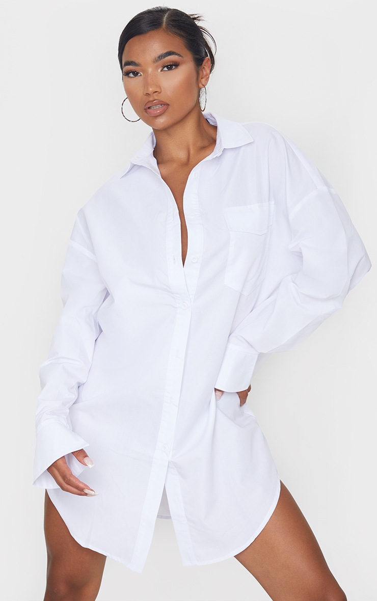 White Bell Cuff Detail Oversized Shirt Dress