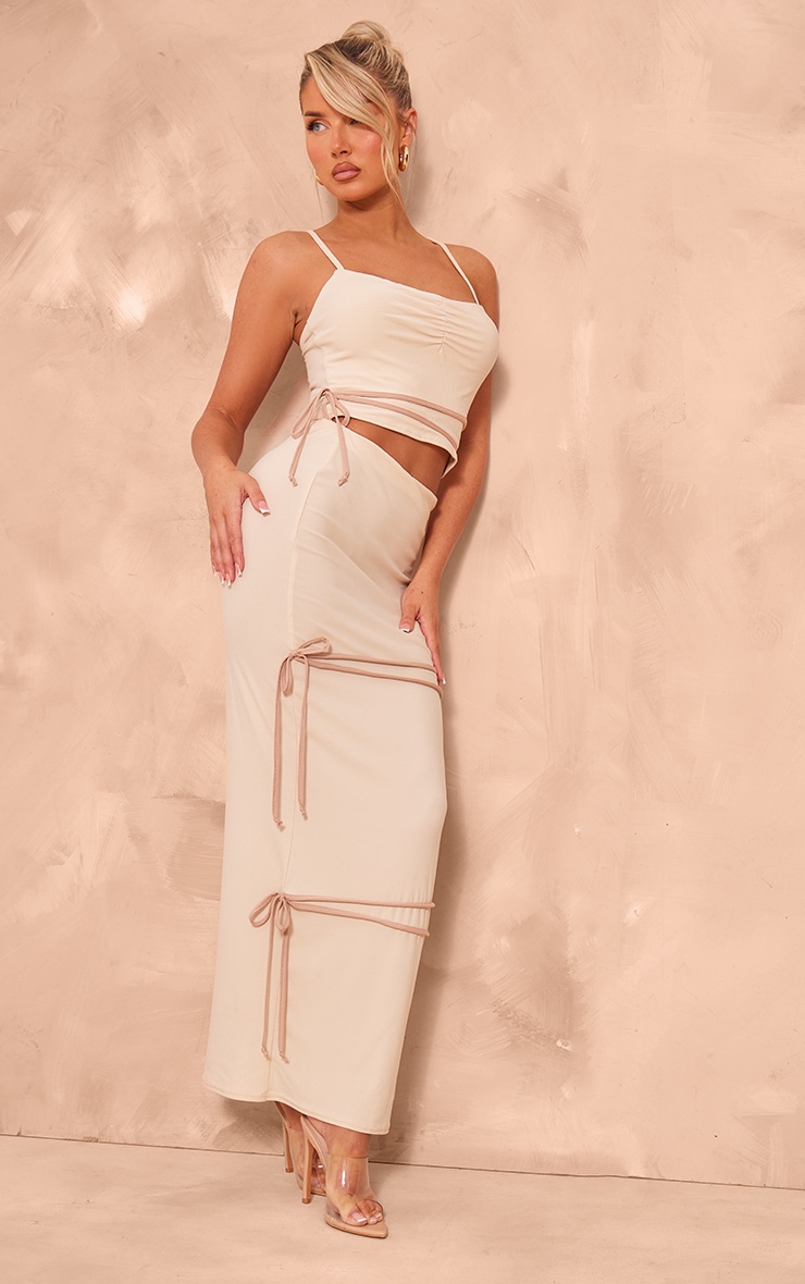 Cream Soft Touch Mid Rise Contrast Bow Maxi Skirt image 1