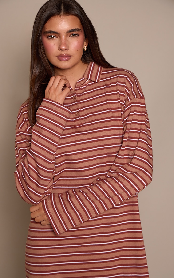 Neutral Stripe Collar Long Sleeve Shift Dress image 4
