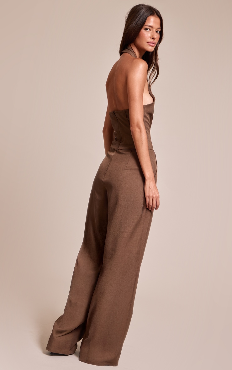 Chocolate Woven Halterneck Trim Wide Leg Jumpsuit image 2
