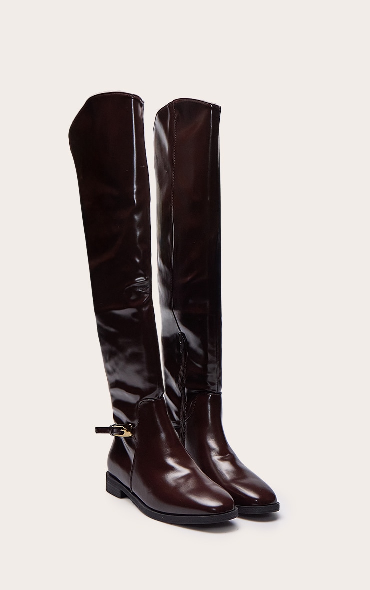 Chocolate Patent Buckled Over The Knee Flat Boot image 2