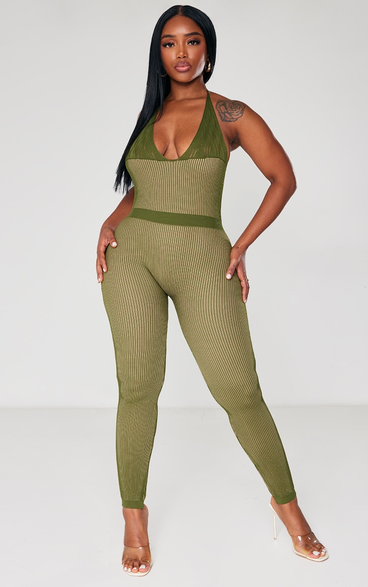  Shape Khaki Knit Halterneck Underbust Detail Jumpsuit image 1