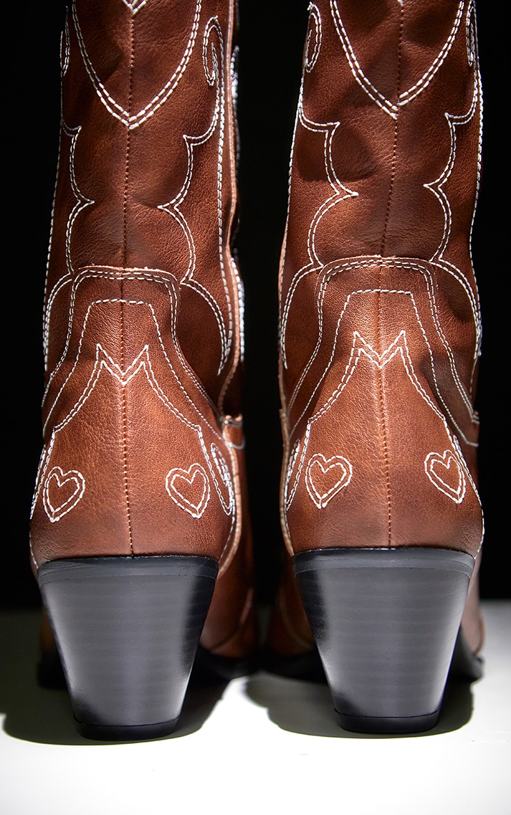 Brown PU Point Toe Heart Stitched Western Knee High Heeled Boots image 4