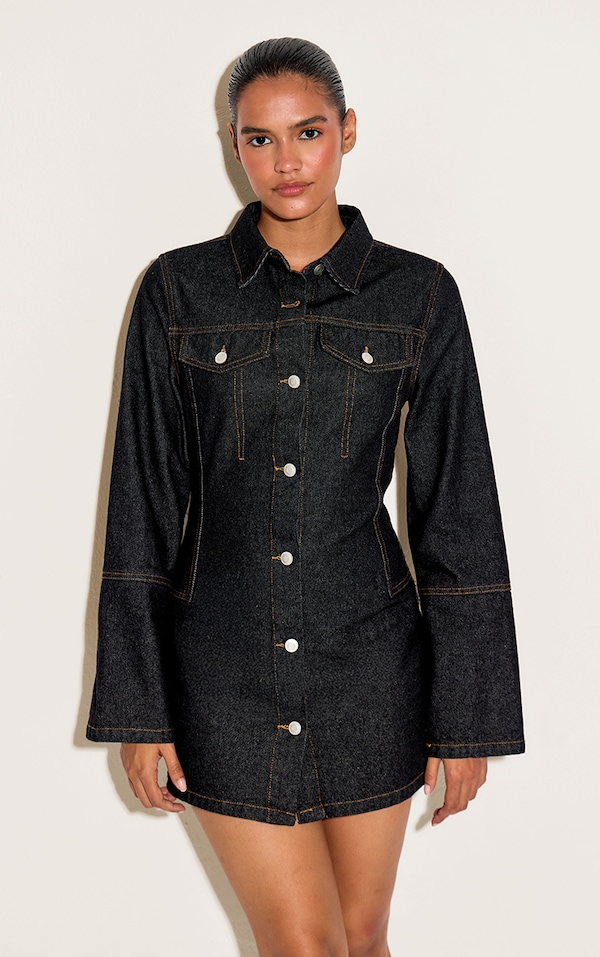 Raw Indigo Wash Seam Detail Long Sleeve Denim Shirt Dress
