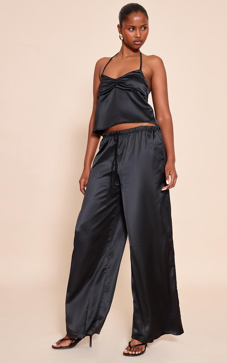 Black Satin Mid Rise Drawstring Wide Leg Pants image 1