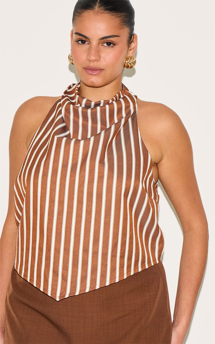 Plus Chestnut Cotton Look Striped Halterneck Top image 4