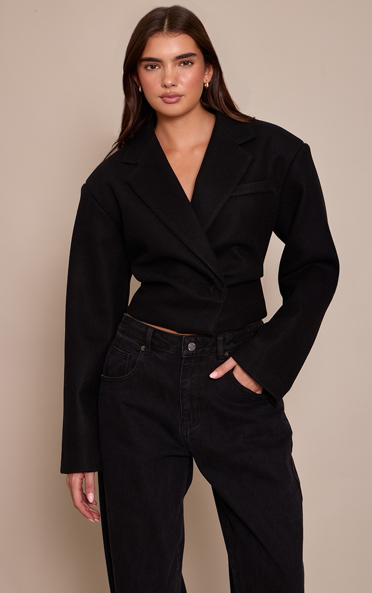 Black Cropped Wool Look Cinch Blazer