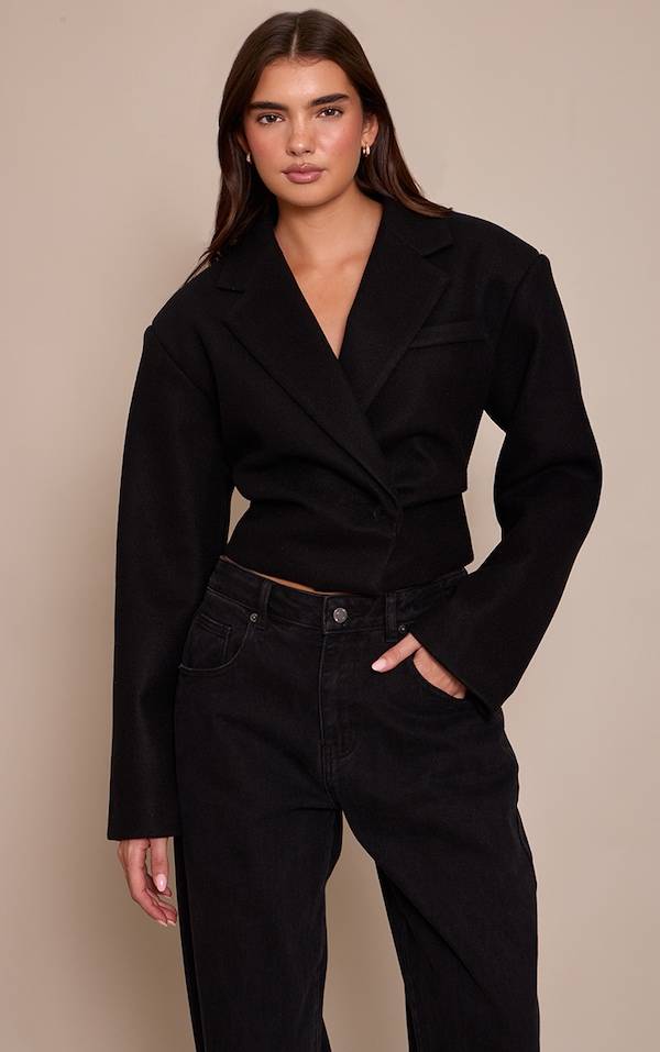 Black Cropped Wool Look Cinch Blazer