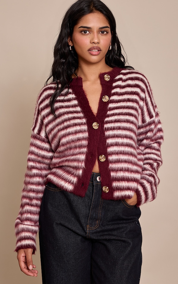 Petite Burgundy Stripe Brushed Knit Cardigan 