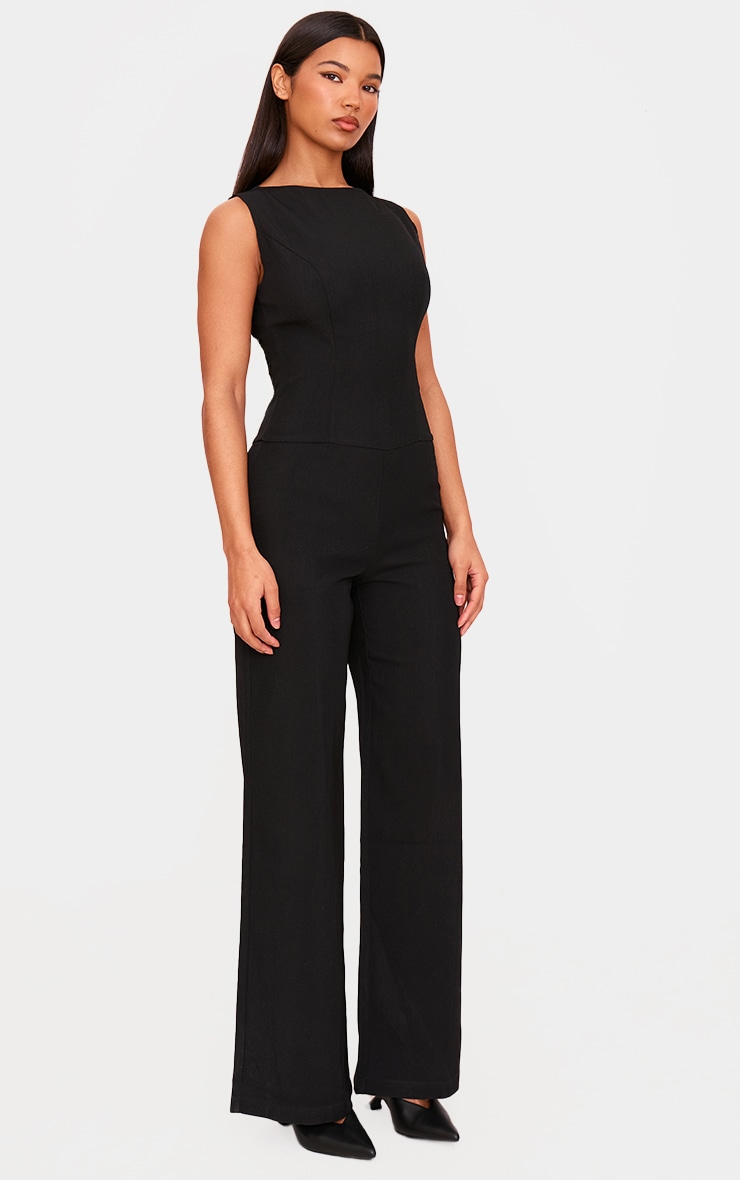 Black Structured Woven Open Back Detail Straight Leg Jumpsuit image 3