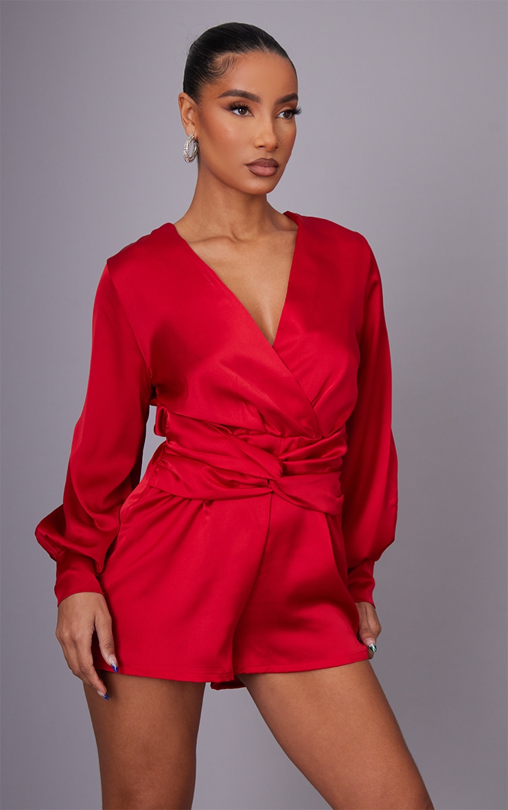 Red Satin Wrap Twist Waist Playsuit image 1