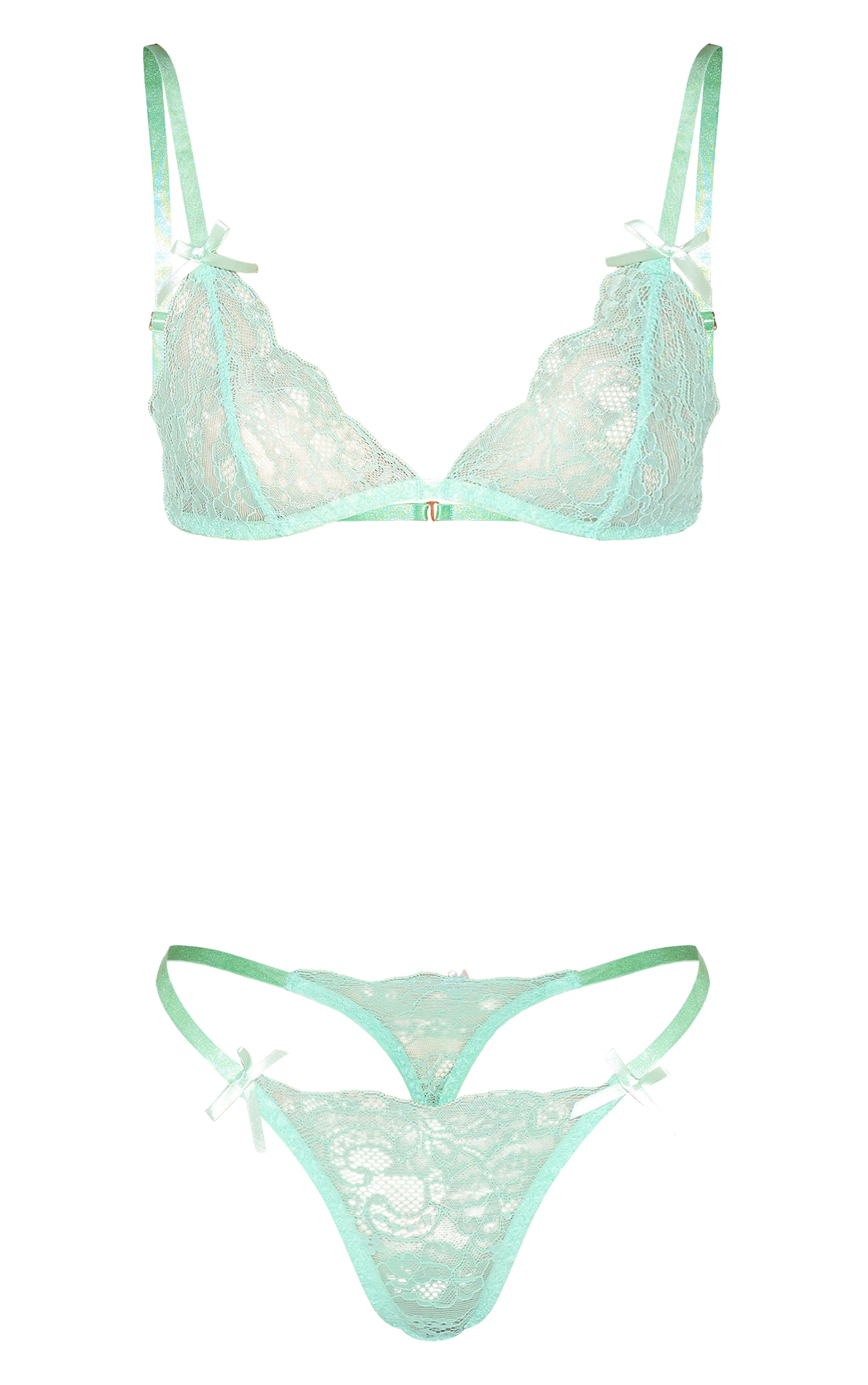 Mint Lace Triangle Bow Detail Lingerie Set image 5