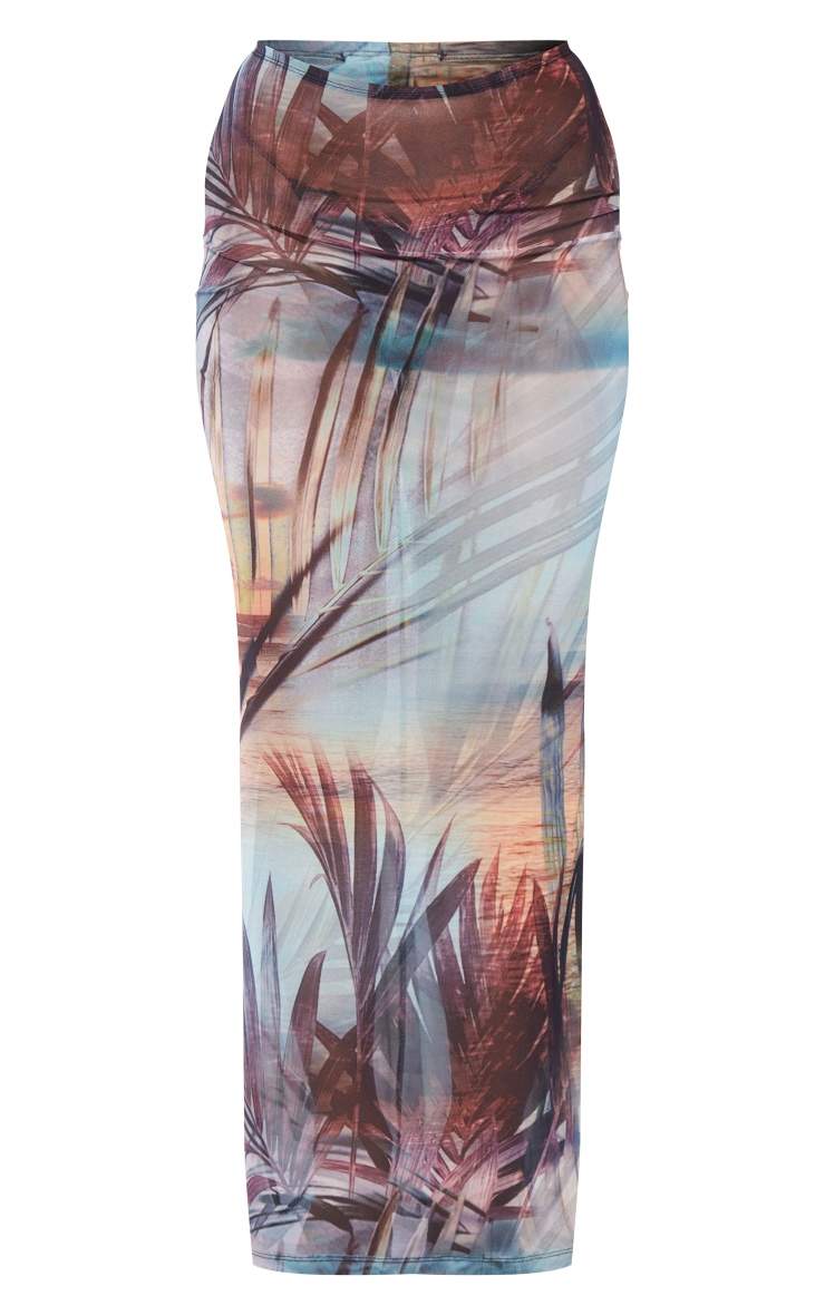 Teal Leaf Printed Mesh Low Rise Maxi Skirt image 1