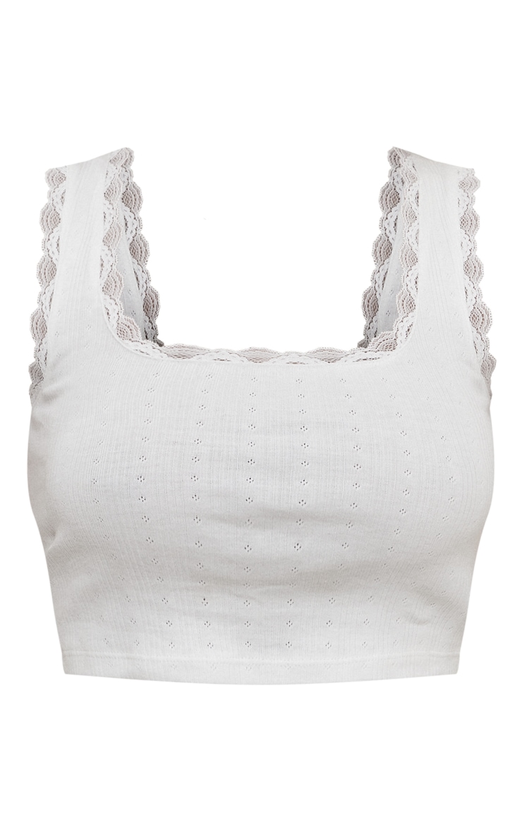 Cream Pointelle Lace Trim Square Neck Crop Top image 5
