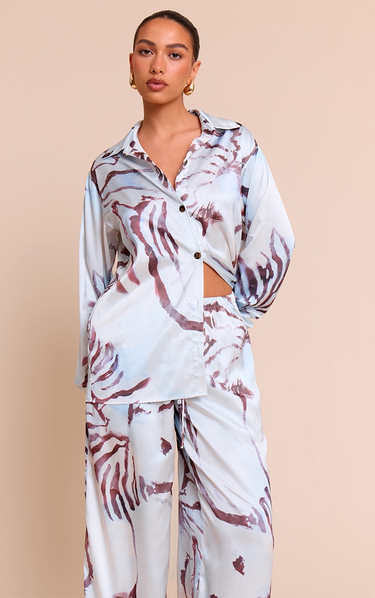 White Pirinted Oversized Satin Button Up Shirt image 1