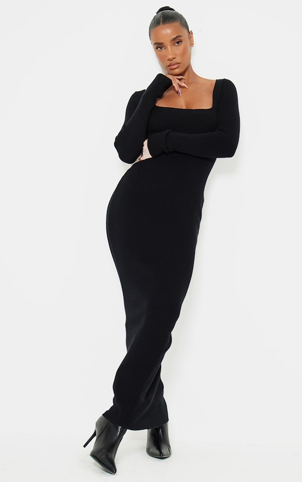 Black Square Neck Knitted Maxi Dress