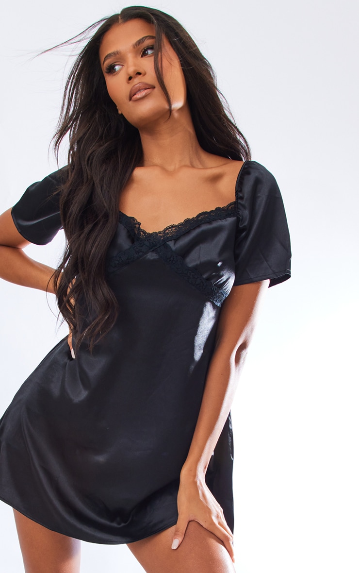 Black Satin Lace Detail Cap Sleeve Shift Dress image 4