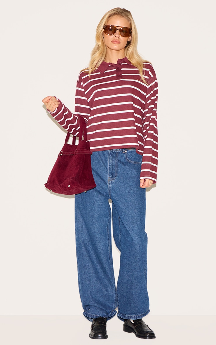 Burgundy Striped Cotton Long Sleeve Collared T Shirt image 3
