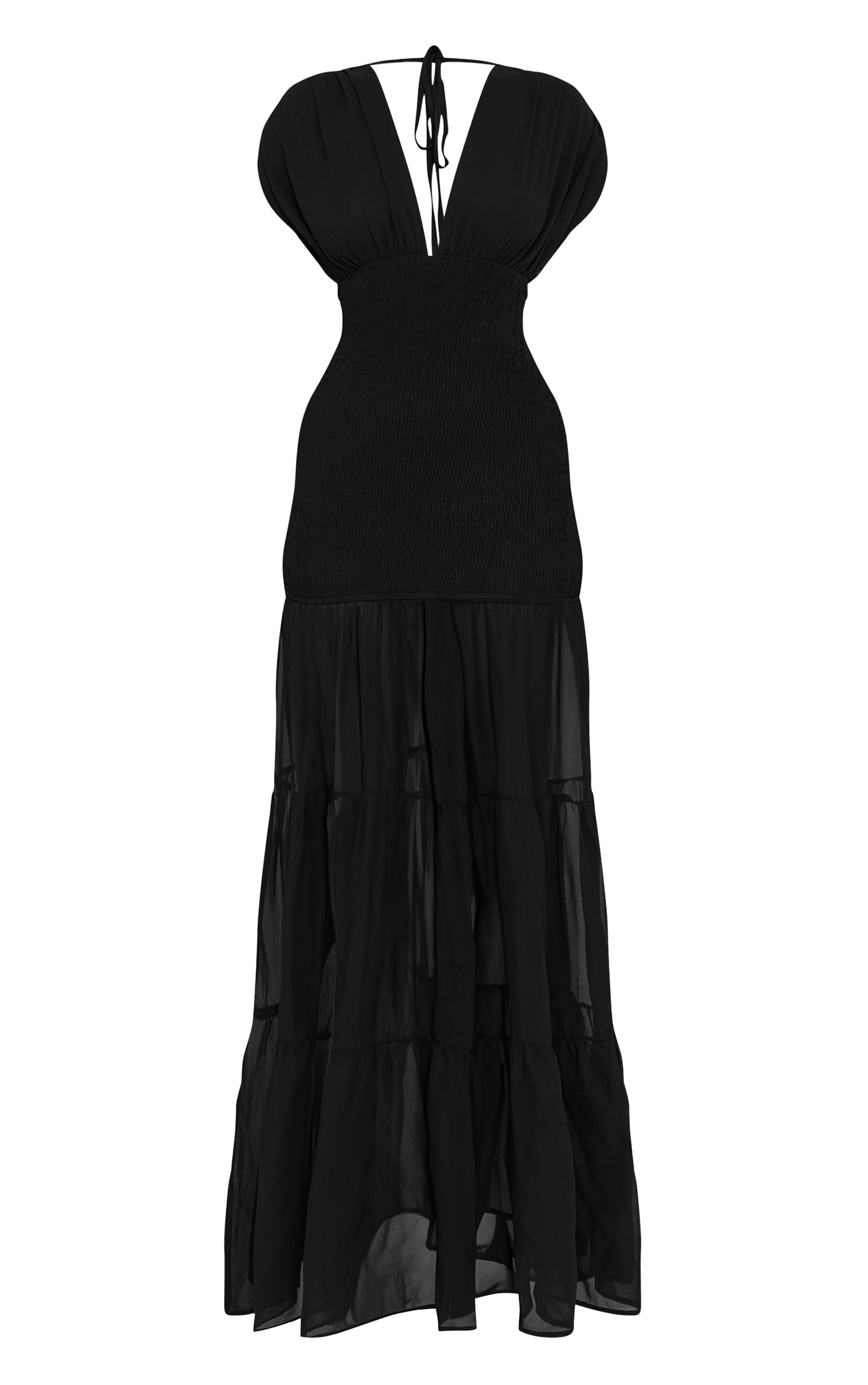 Black Chiffon Shirred Tiered Maxi Dress | Dresses
