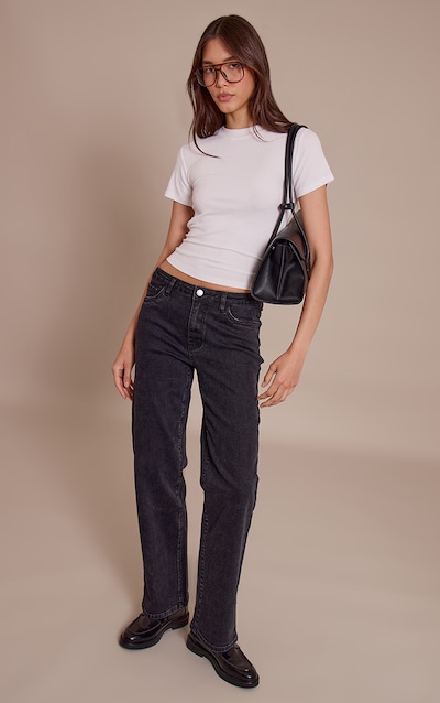 Washed Black Mid Waist Comfort Stretch Straight Leg Jeans