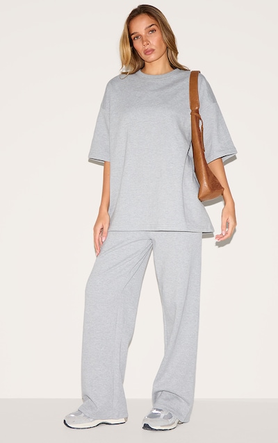 Pantalon large en jersey gris à taille mi-haute