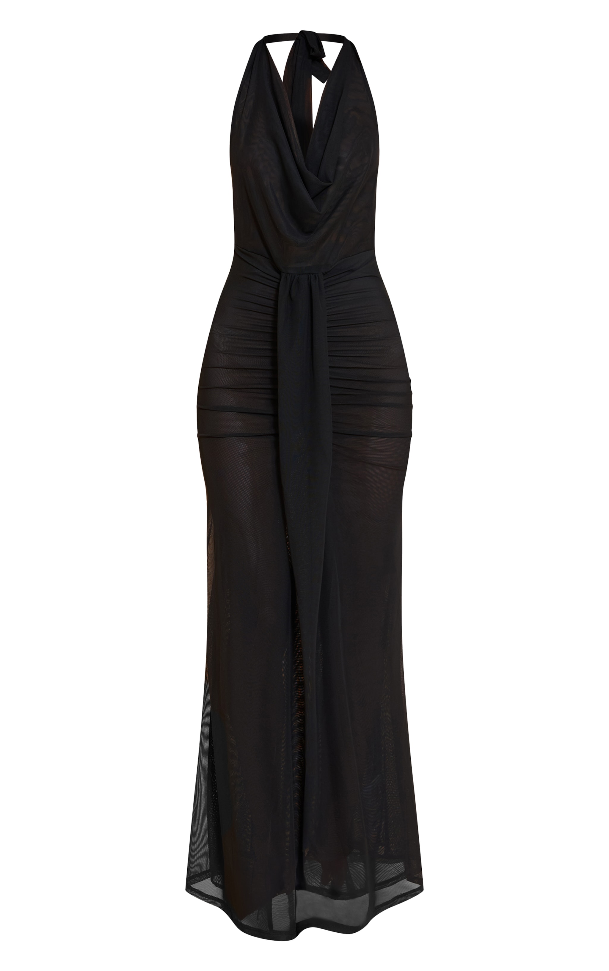 Black Double Layer Mesh Cowl Neck Maxi Dress image 5