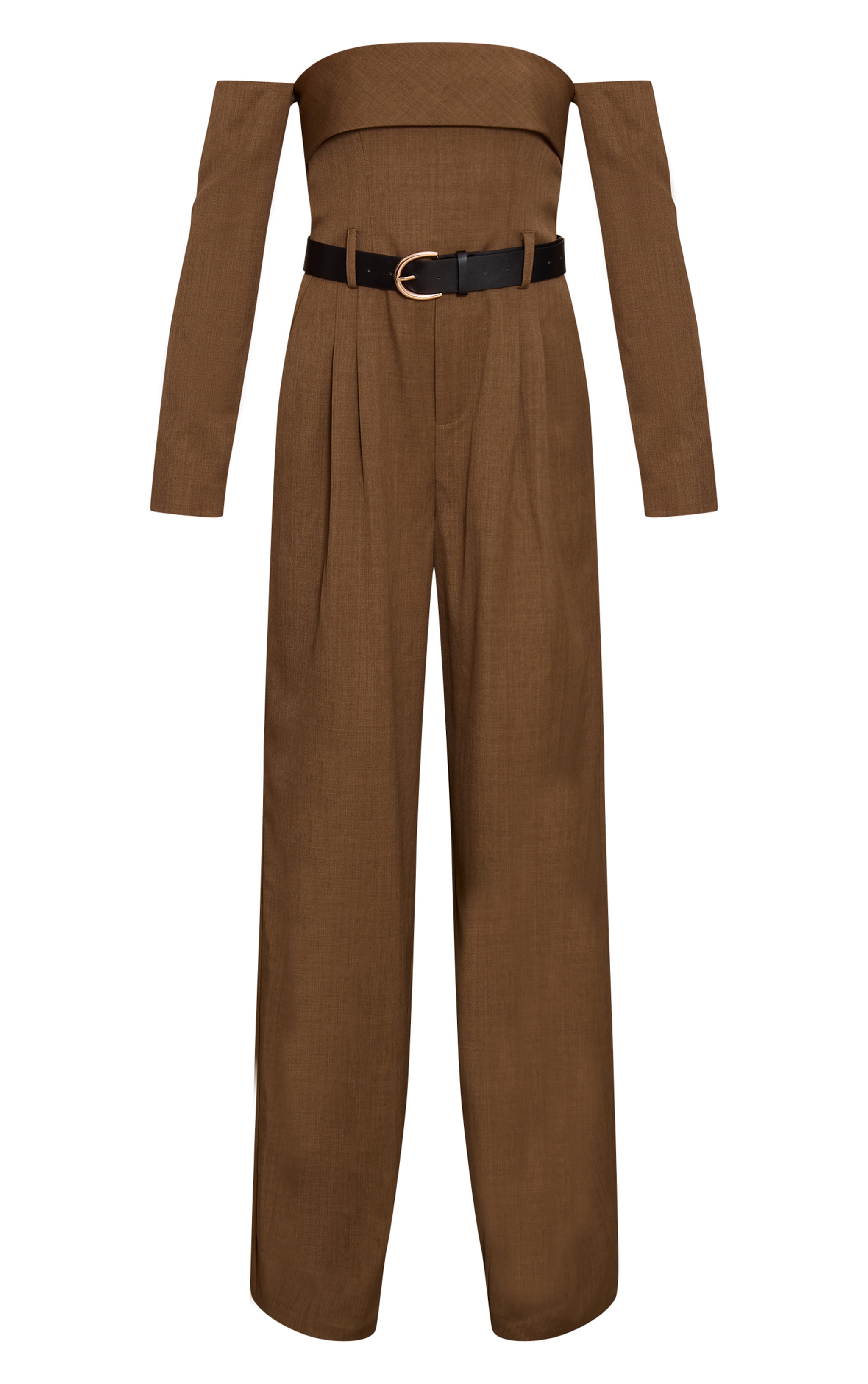 Khaki Woven Bardot Long Sleeve Belt Detail Jumpsuit image 5