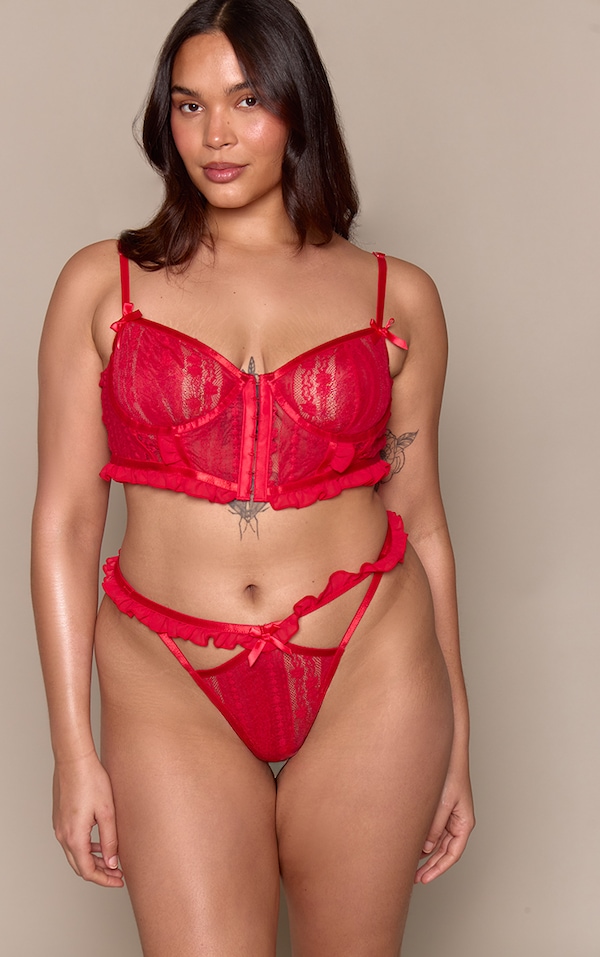 Plus Red Lace Texture Corset Lingerie Set