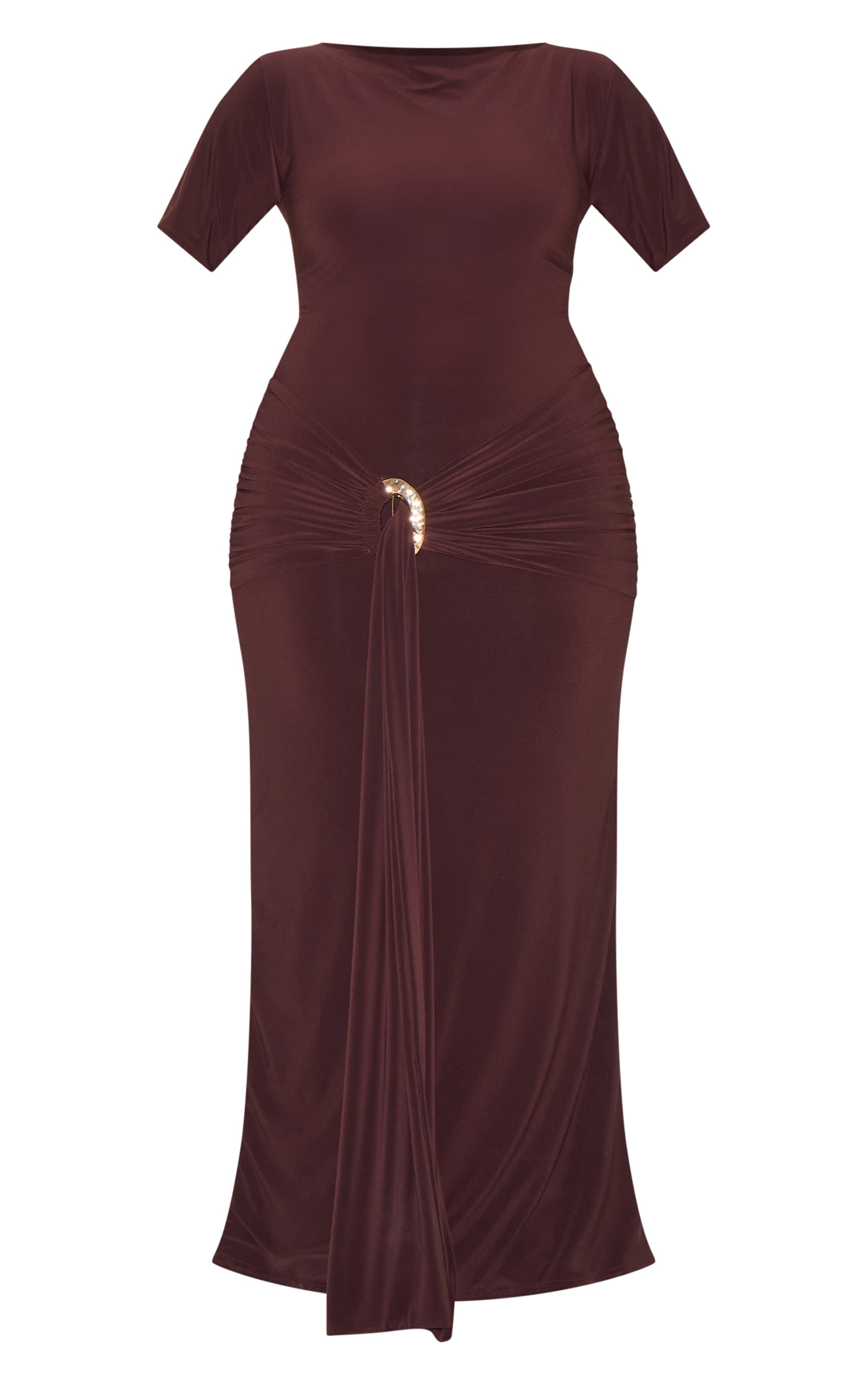 Plus Chocolate Boat Neck Wrap Waist Detail Maxi Dress image 5