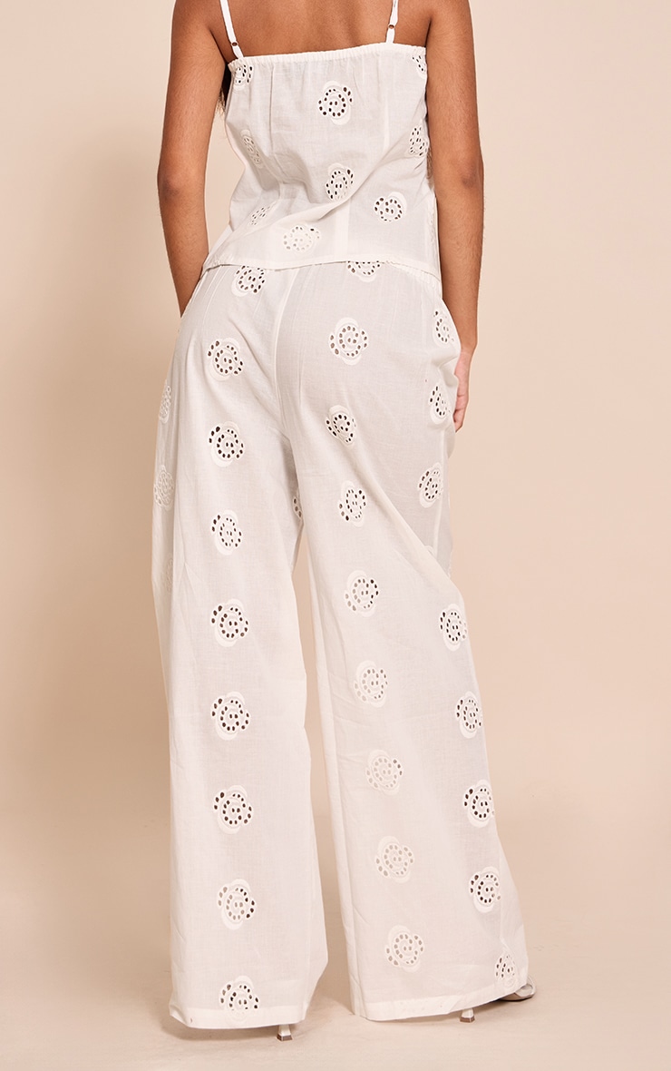 Petite White Linen Look Broderie Swirl Detail Straight Leg Pants image 3