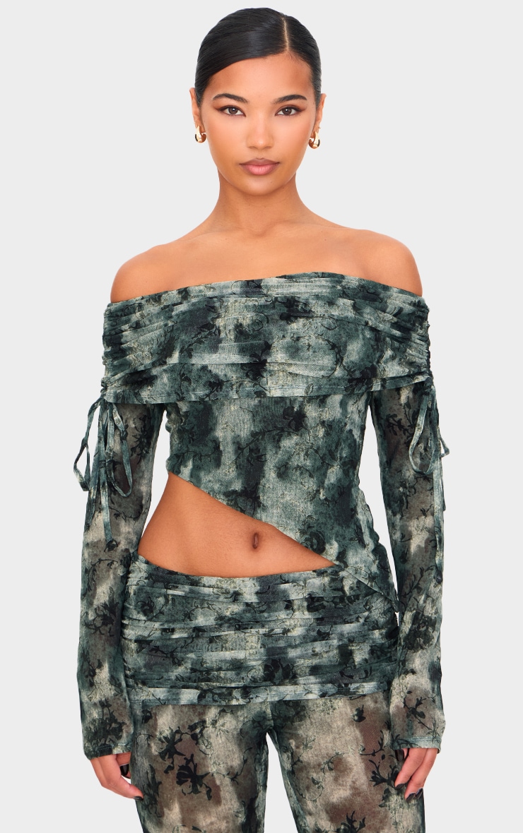 Green Devore Mesh Foldover Long Sleeve Top image 1