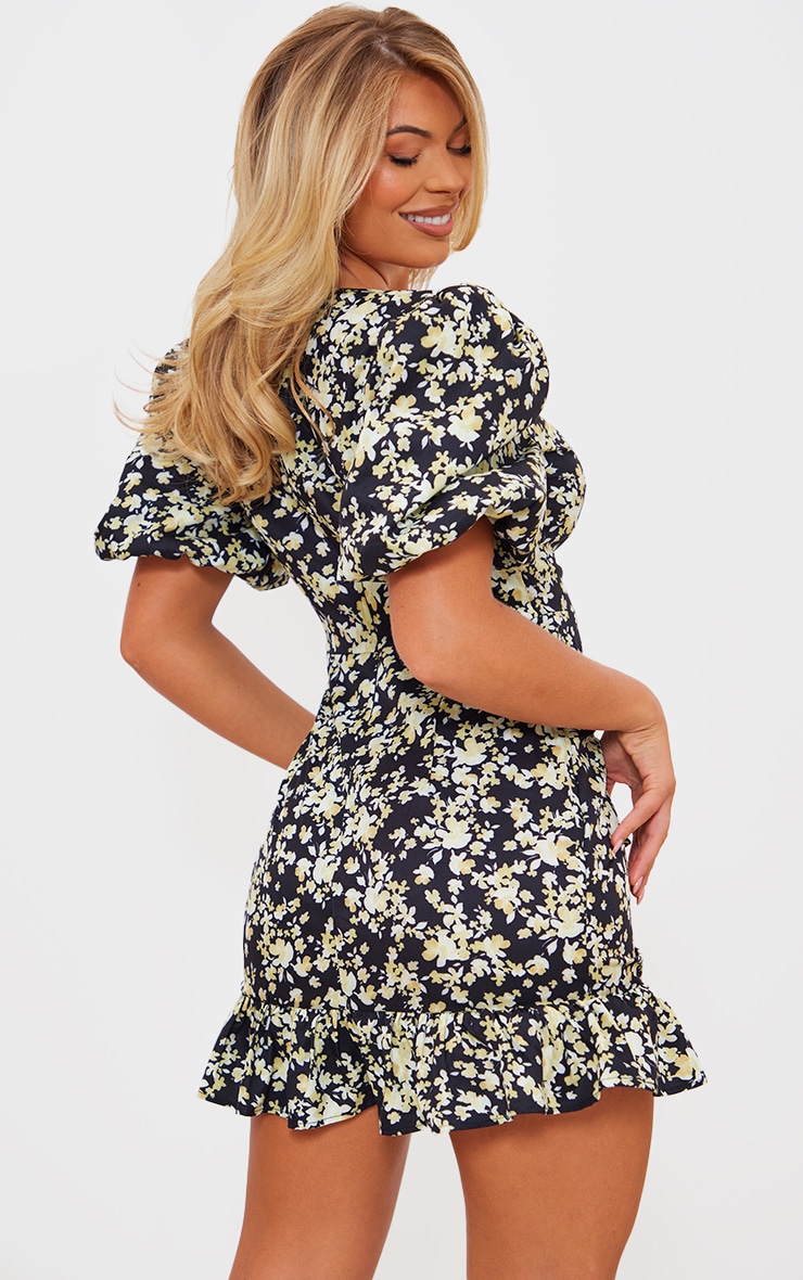 Black Floral Print Puff Sleeve Ruched Frill Hem Bodycon Dress image 2