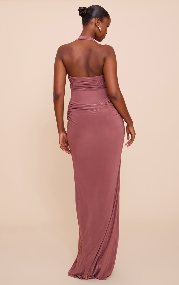 Mauve Double Layer Slinky Square Halterneck Drape Detail Maxi Dress image 2