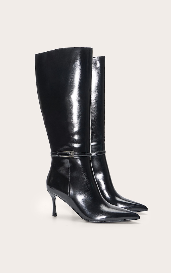 Black Buckled Knee High Stiletto Heeled Boot