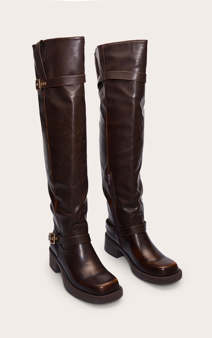 Brown Burnish PU Buckle Detail Over The Knee Boots image 3