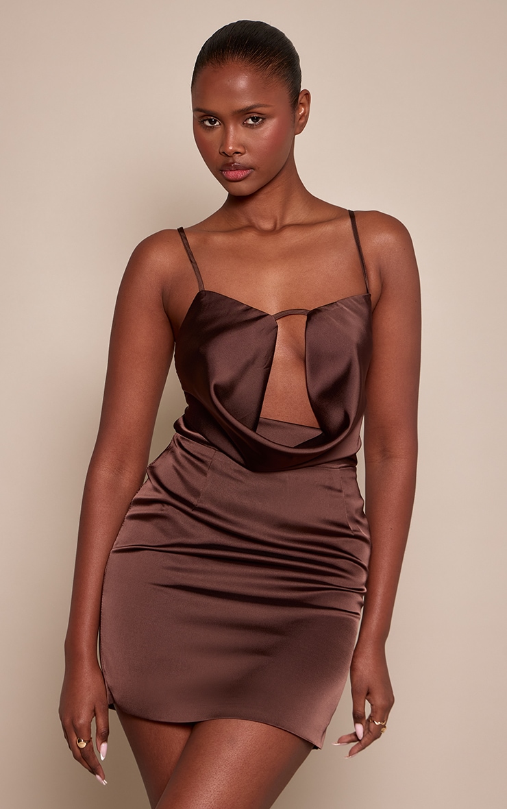 Brown Satin Cowl Neck Mini Shift image 1