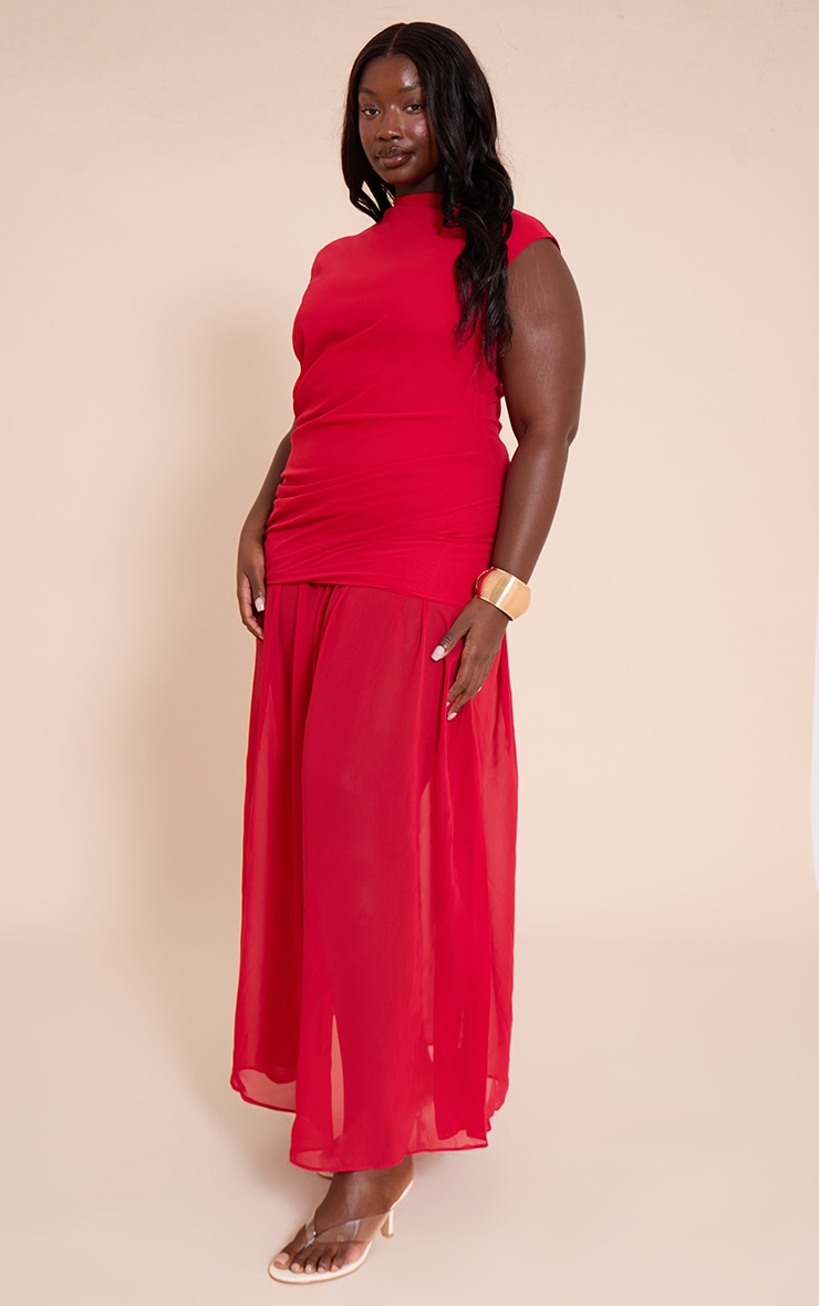 Plus Red Chiffon Ruched Dropped Waist Sleeveless Maxi Dress image 3